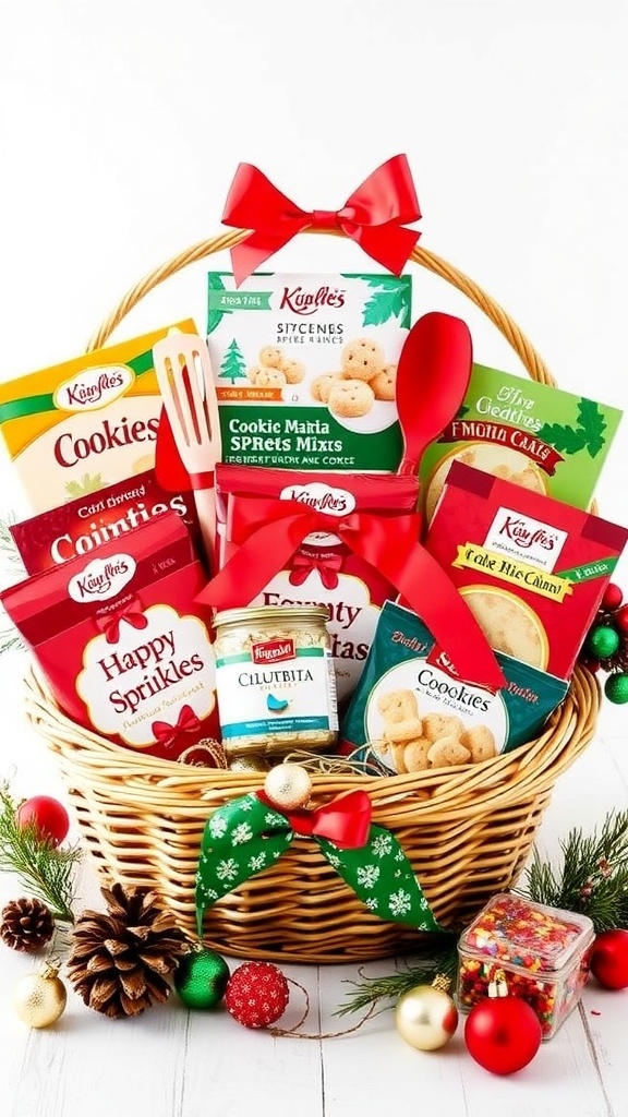 A festive Christmas baking basket filled with cookie mixes, sprinkles, and baking tools, decorated with a red ribbon.